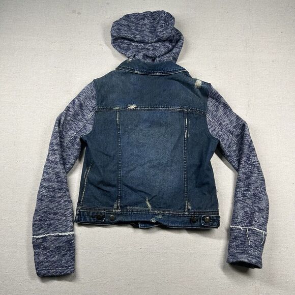 Free People Denim Jacket Womens M‎ Hoodie Knit Sleeves Distressed Trucker - Picture 2 of 8
